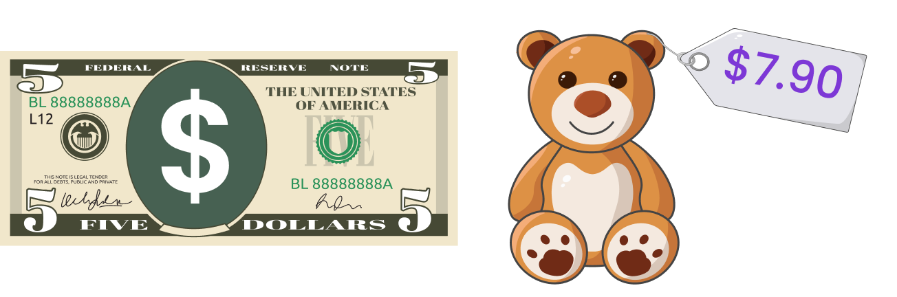 $5 bill, teddy bear with price tag $7.90