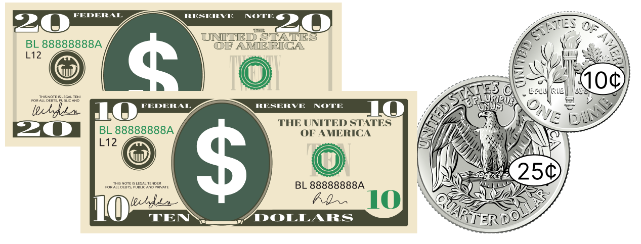 $10 bill, quarter and dime + $20 bill