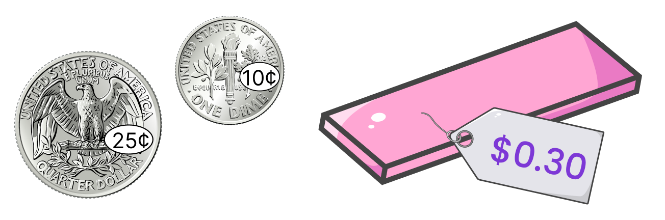 quarter and dime and gum with price tag $0.3
