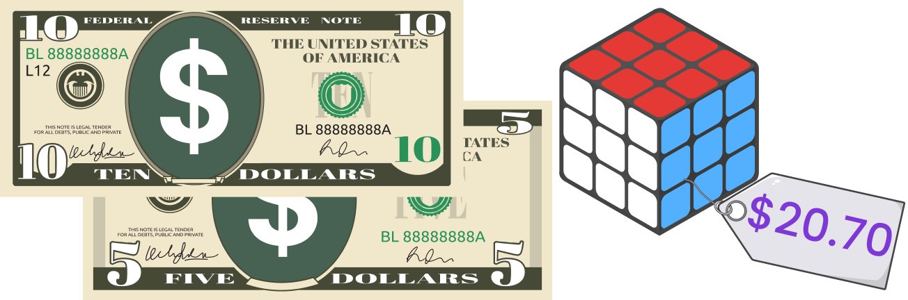 $10 bill and $ 5 bill Rubik's Cube with price tag $ 20.70