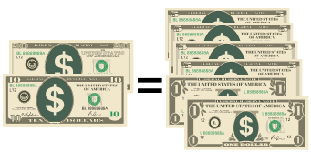 selection of US bank notes of different values