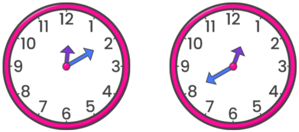 Analog clock 12:10. Analog clock 12:40.