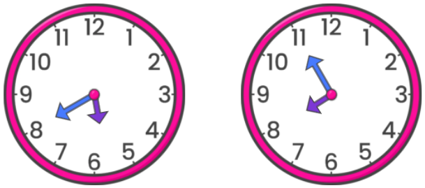 Analog clock 05:40. Analog clock 07:55.