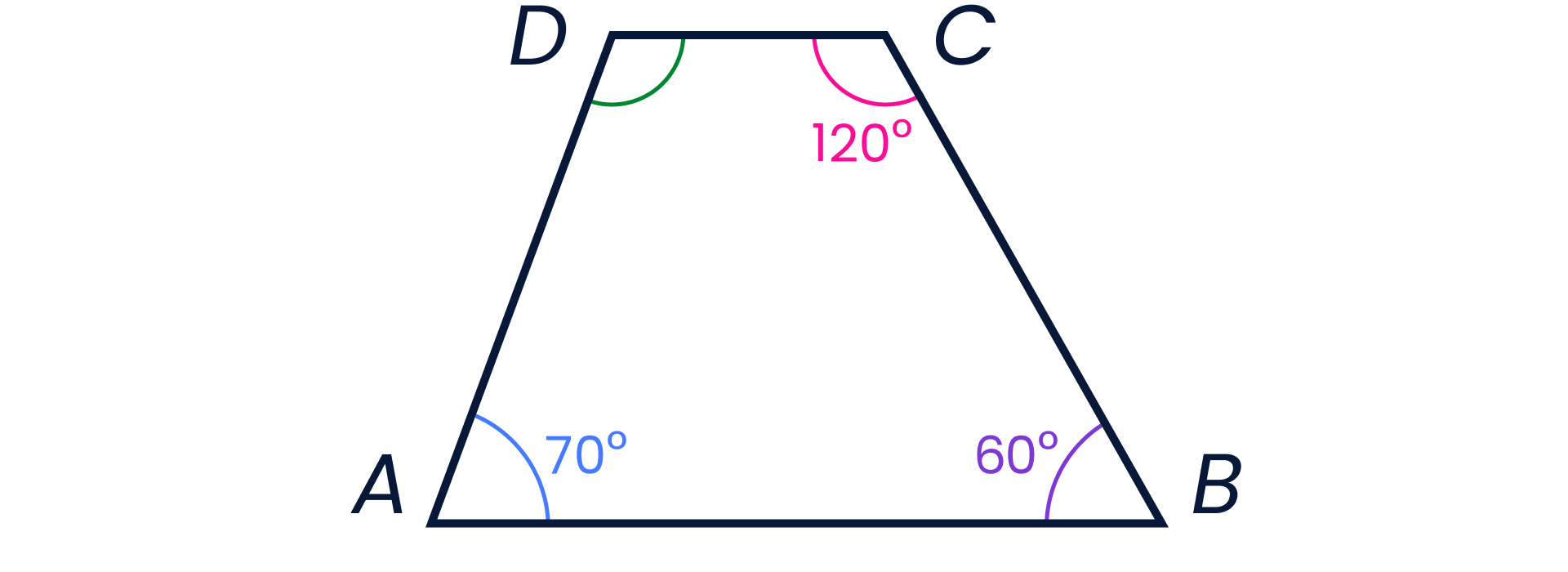 Quadrilateral, angle A=70 degrees, B=60 degrees, C=120 degrees
