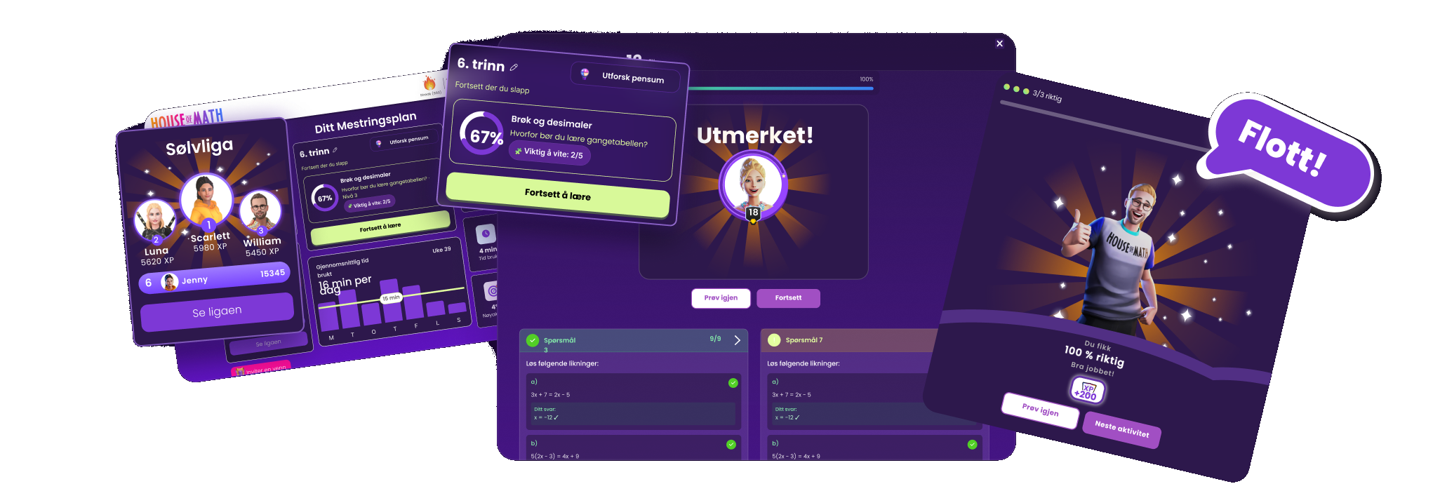 Skjermbilder fra House of Math-appen: ligaer, Mesterløype, quiz-tilbakemelding og en «Flott!»-feiring