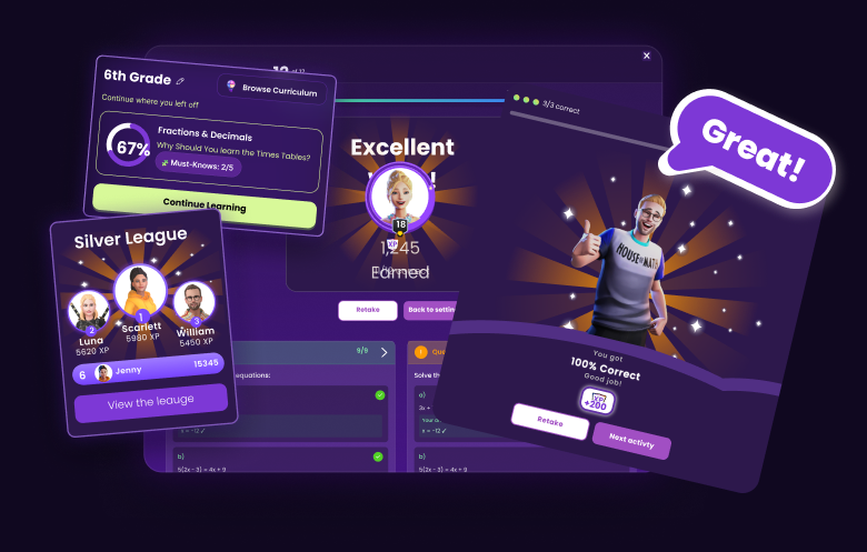 House of Math app screens: leagues, Mastery Track, quiz feedback and a “Great!” celebration