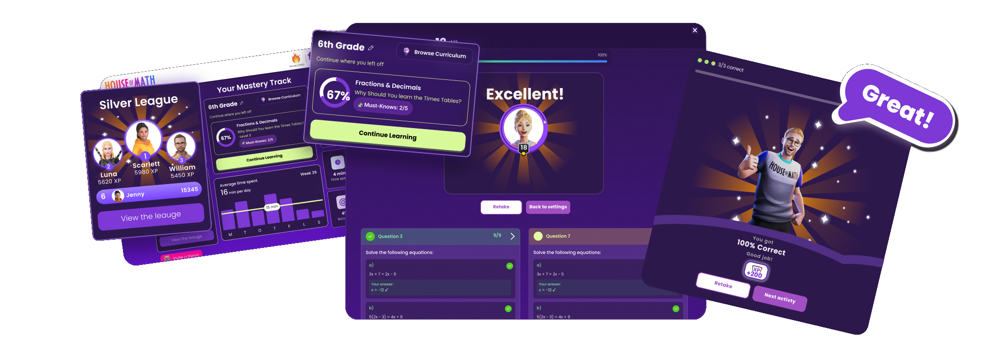 House of Math app screens: leagues, Mastery Track, quiz feedback and a “Great!” celebration