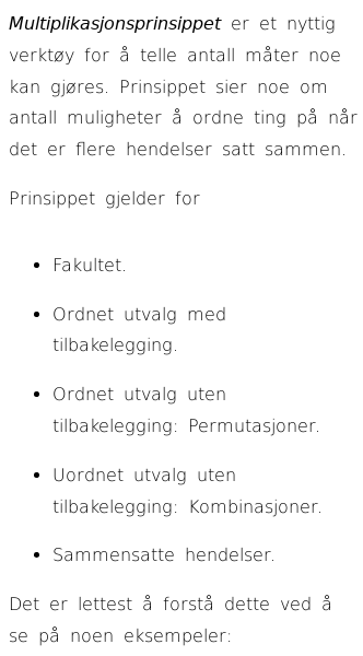 Oppslag om Multiplikasjonsprinsippet for antall muligheter