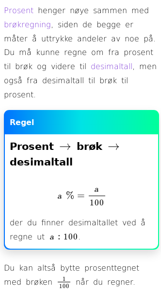 Oppslag om Fra prosent til brøk og desimaltall