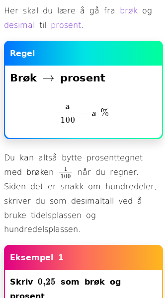 Oppslag om Fra brøk og desimaltall til prosent