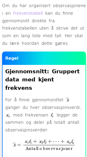Oppslag om Gjennomsnitt av grupperte data med kjent frekvens