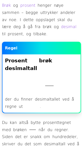 Oppslag om Brøk, desimaltall og prosent