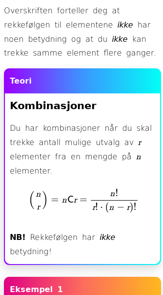 Oppslag om Kombinasjoner (uordnet utvalg uten tilbakelegging)