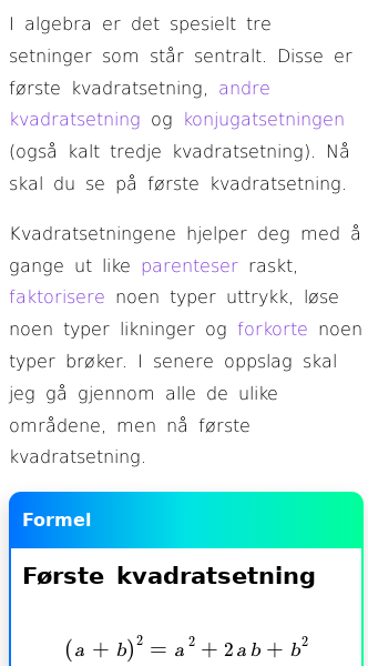 Oppslag om Hva er første kvadratsetning?