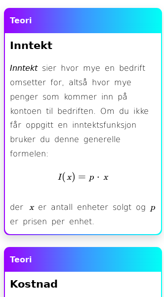 Oppslag om Inntekt, kostnad, enhetskostnad og overskudd