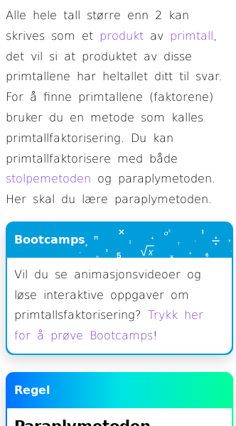 Oppslag om Primtallfaktorisering (paraplymetoden)