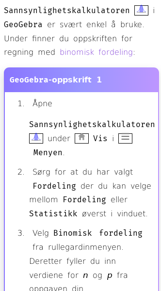 Oppslag om Hvordan regne ut binomisk fordeling i GeoGebra