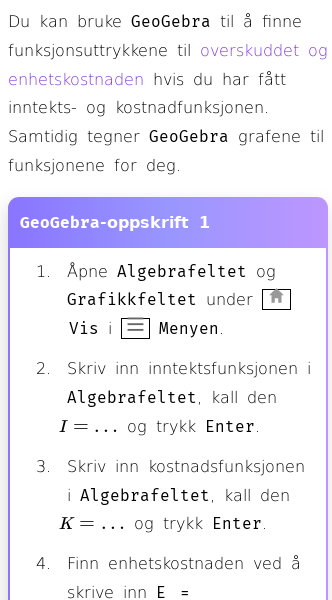 Oppslag om Inntekt, kostnad, enhetskostnad og overskudd i GeoGebra