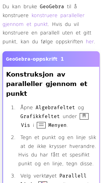 Oppslag om Hvordan konstruere en parallell gjennom et punkt i GeoGebra