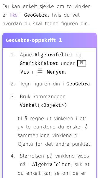 Oppslag om Hvordan sjekke om to vinkler er like i GeoGebra