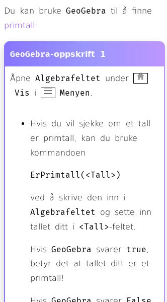 Oppslag om Hvordan finne primtall med GeoGebra