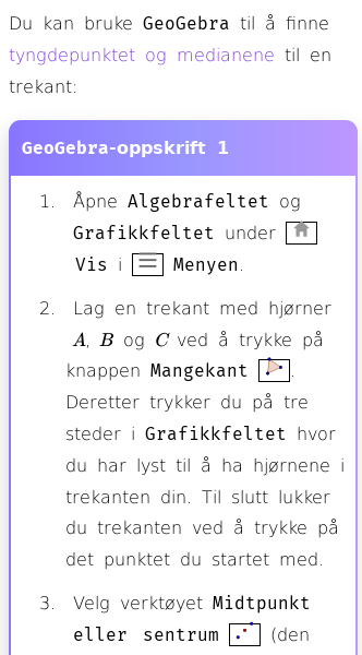 Oppslag om Hvordan finne tyngdepunkt og medianer med GeoGebra