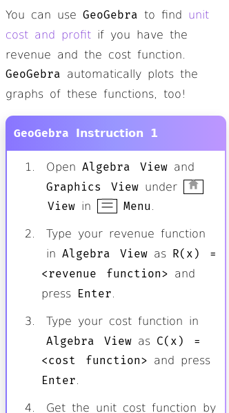 Article on Revenue, Cost, Unit Cost and Profit in GeoGebra