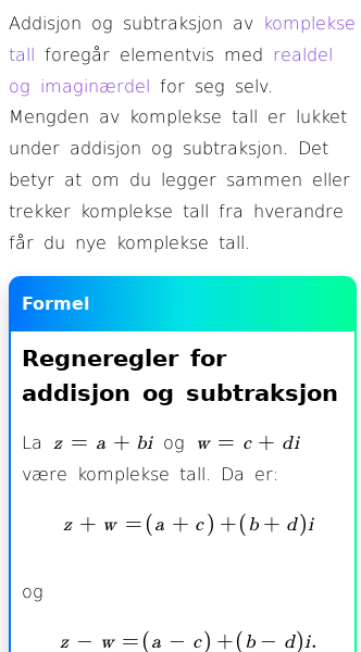 Oppslag om Addisjon og subtraksjon av komplekse tall