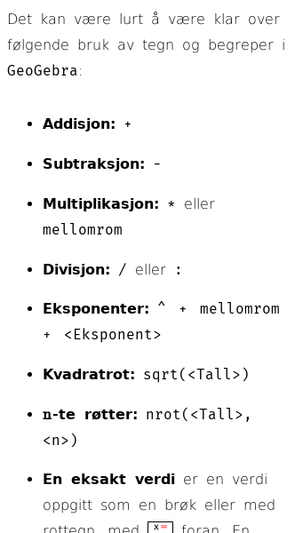 Oppslag om Oversikt over regneartene i GeoGebra