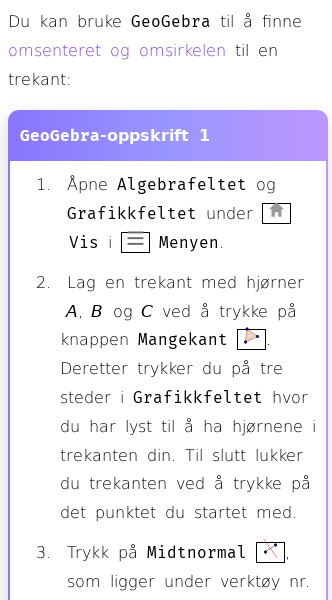 Oppslag om Hvordan finne omsirkel og omsenter med GeoGebra