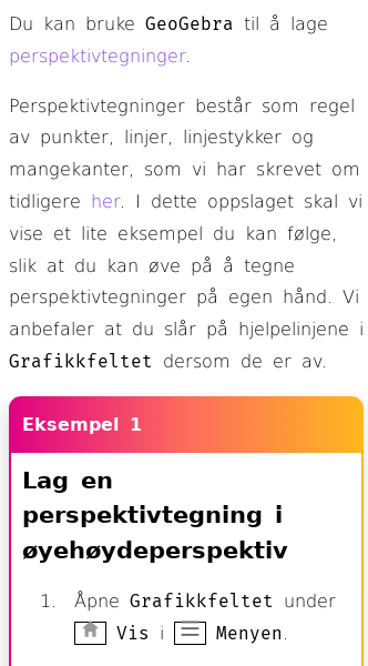Oppslag om Hvordan bruke GeoGebra i perspektivtegning