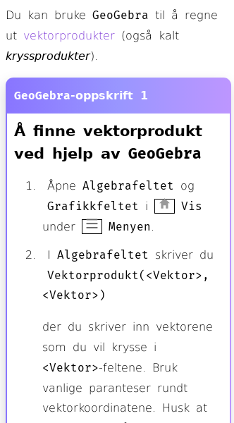 Oppslag om Hvordan finne vektorprodukt i GeoGebra