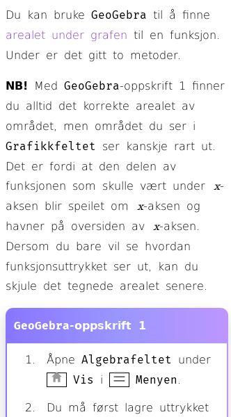 Oppslag om Hvordan finne arealet under en graf i GeoGebra