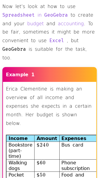 Article on Spreadsheets for Budget and Accounting in GeoGebra