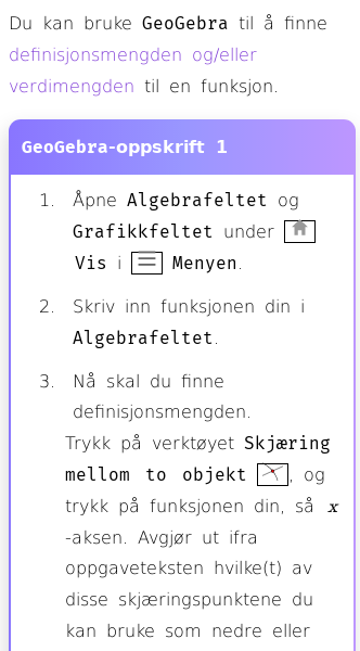 Oppslag om Hvordan finne definisjonsmengde og verdimengde i GeoGebra