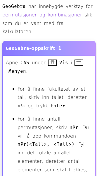 Oppslag om Hvordan regne på kombinatorikk i GeoGebra