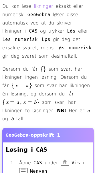 Oppslag om Hvordan løse likninger i GeoGebra