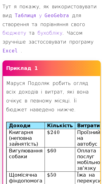 Стаття про Електронні таблиці для бюджету та бухобліку в GeoGebra