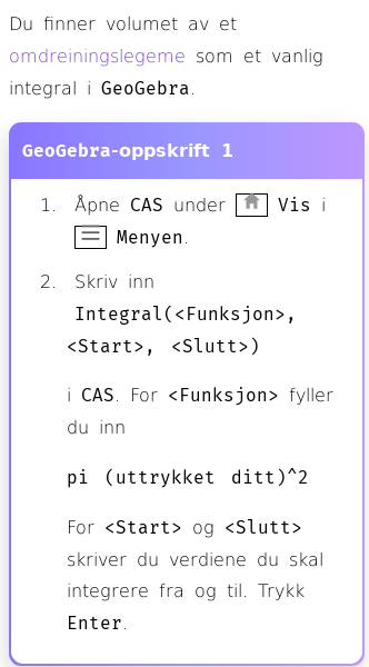 Oppslag om Hvordan finne volum av omdreiningslegeme i GeoGebra