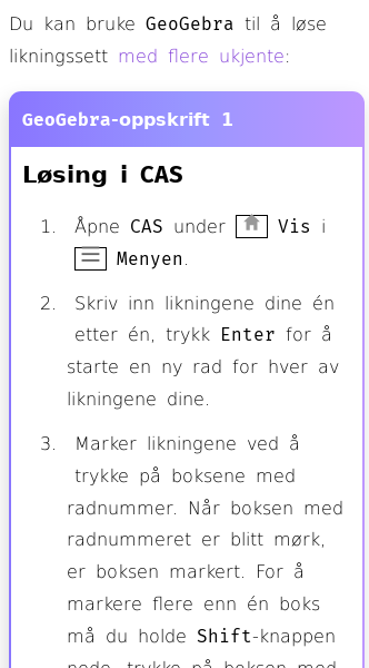 Oppslag om Hvordan løse likningssett med flere ukjente i GeoGebra