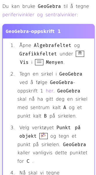 Oppslag om Hvordan tegne periferivinkler og sentralvinkler i GeoGebra