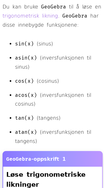 Oppslag om Hvordan løse trigonometriske likninger i CAS i GeoGebra