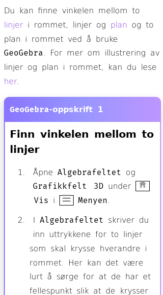 Oppslag om Hvordan finne vinkelen mellom linjer og plan i GeoGebra