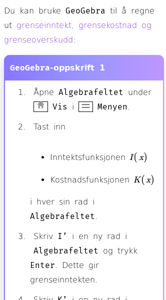 Oppslag om Hvordan regne ut grenseinntekt med GeoGebra