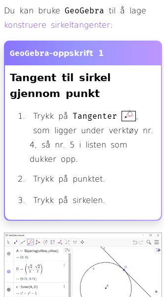 Oppslag om Hvordan konstruere tangent til sirkel i GeoGebra