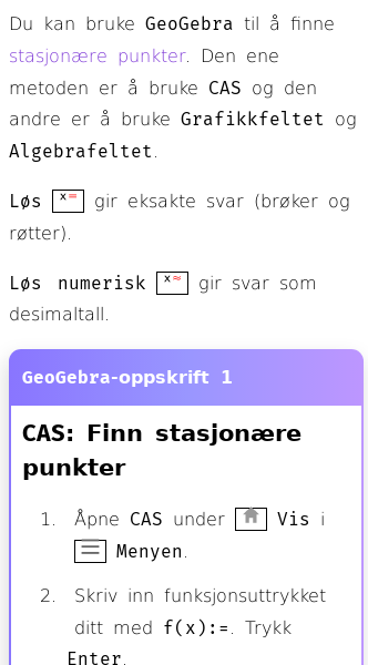 Oppslag om Hvordan finne stasjonære punkter med GeoGebra