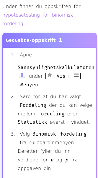 Oppslag om Hypotesetesting for binomisk fordeling i GeoGebra