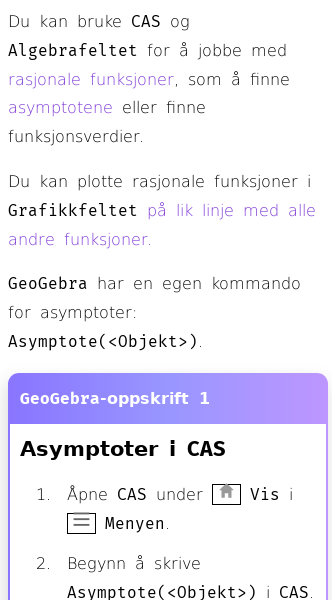 Oppslag om Finne asymptoter til rasjonale funksjoner med GeoGebra
