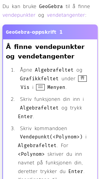 Oppslag om Hvordan finne vendepunkter med GeoGebra