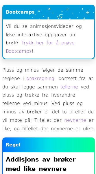 Oppslag om Brøk (Pluss og minus med like nevnere)